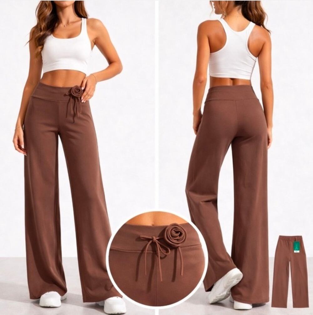 NWT HALARA Rosette Straight Leg Pull-On Pants Large Brown Wrap Tie Waist Boho